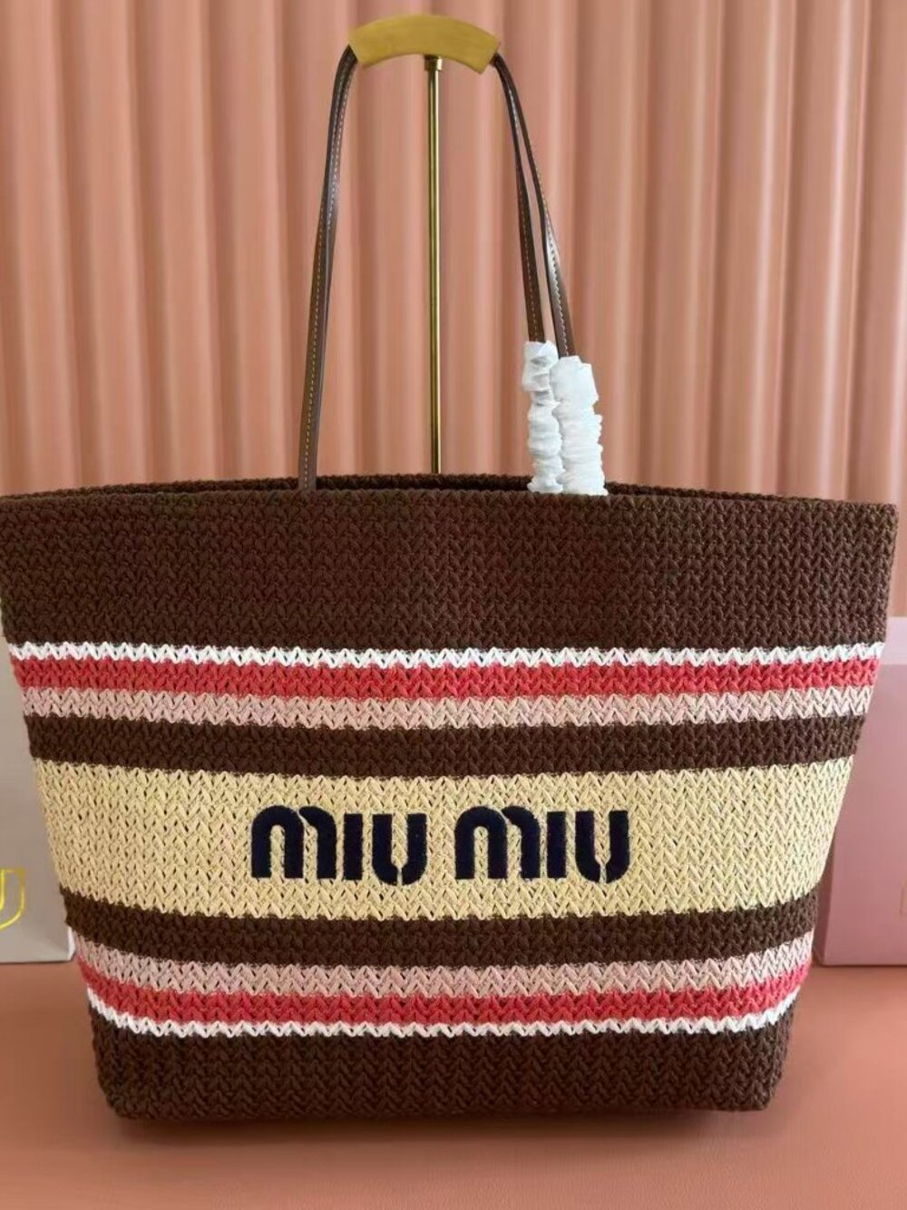 Miu Miu Striped Woven Raffia Large Tote Bag